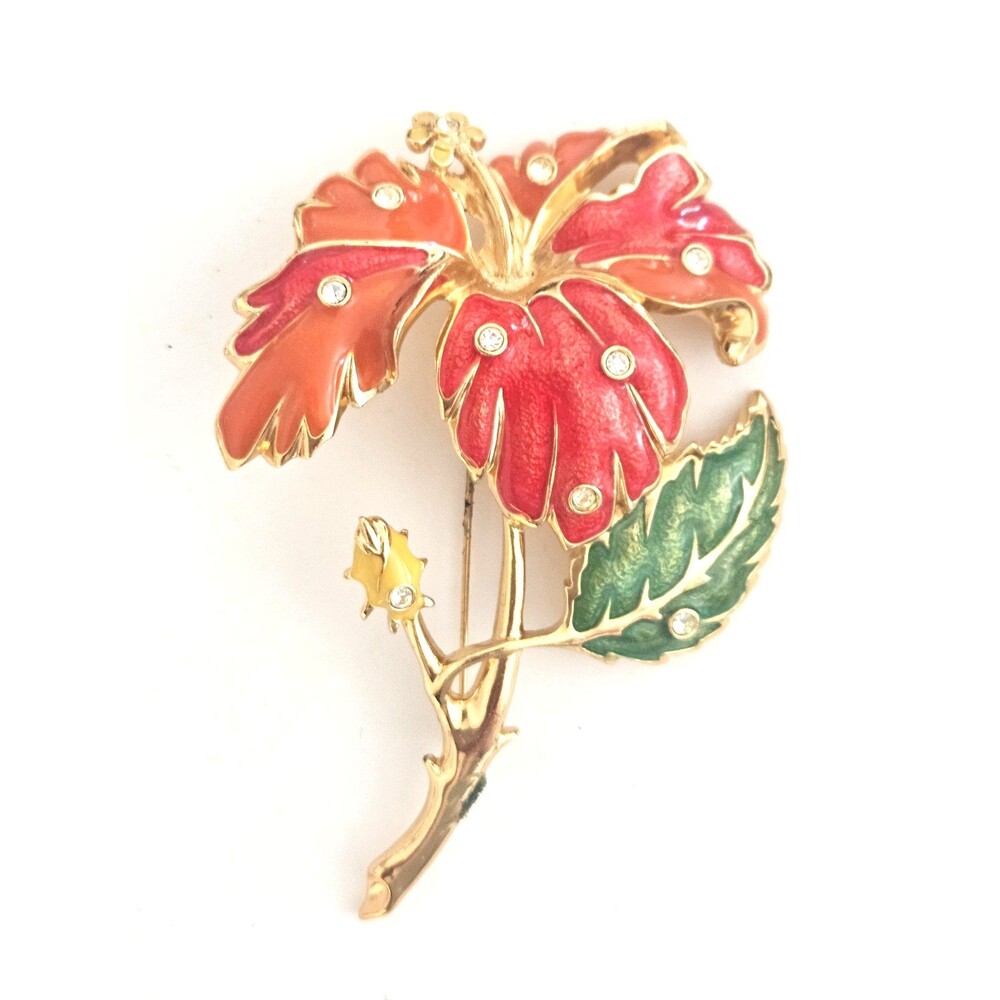 Jose Maria Barrera Avon Hibiscus Brooch Red Enamel Gold Tone Floral Pin